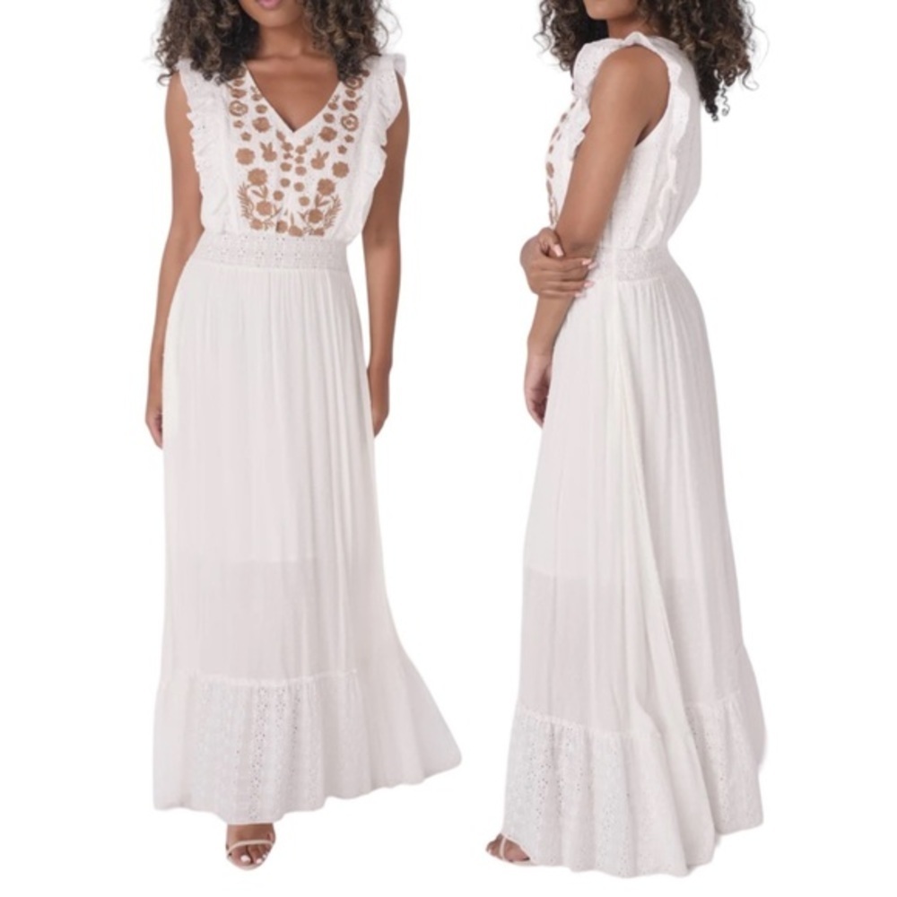 Sim & Sam Sleeveless Embroidered Maxi Dress Long Prairie Sundress White XS